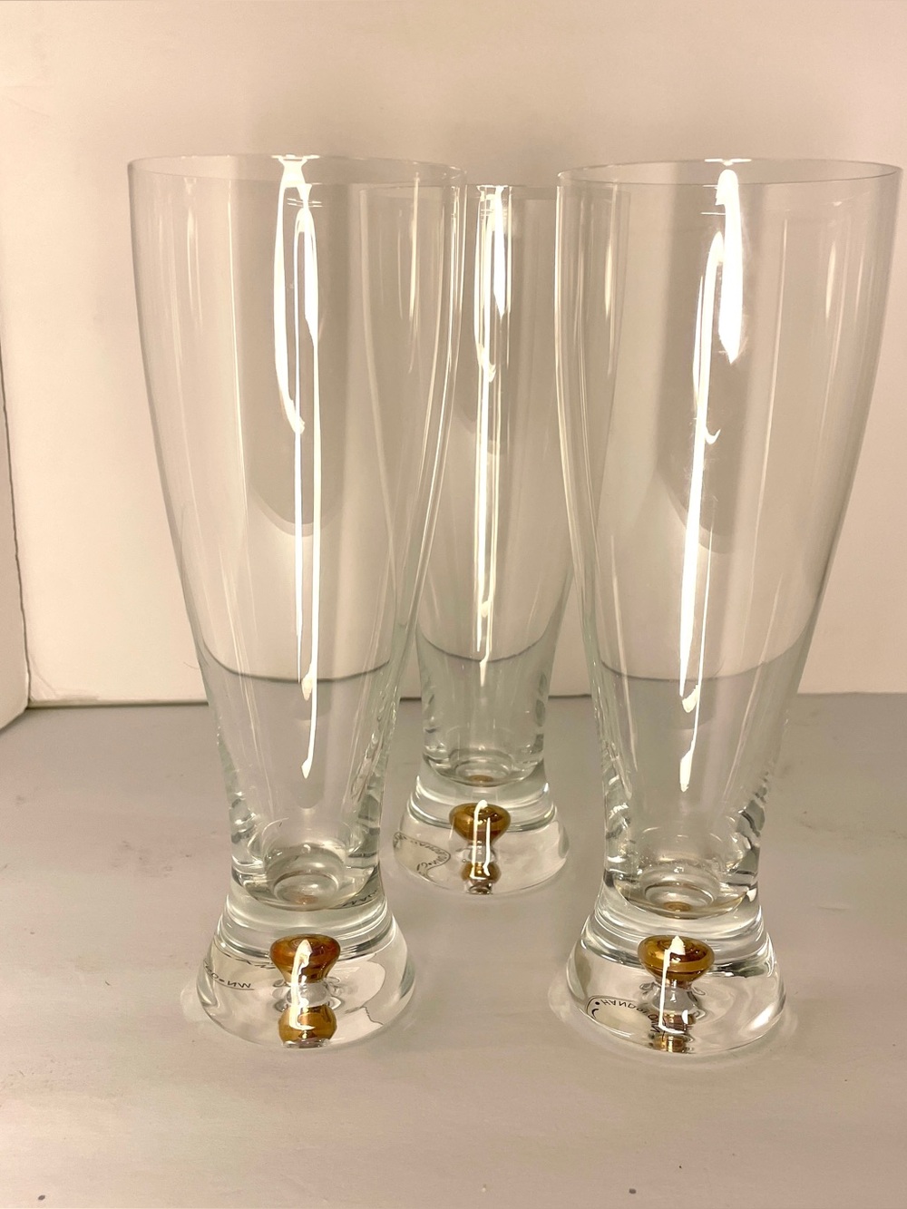 VTG Krosno Poland Hand Blown Pilsner Glasses Amber Bubble Base - Set of 3